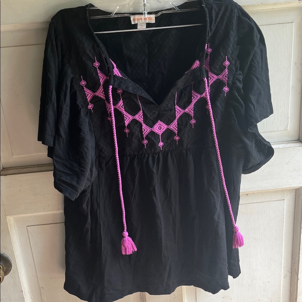 Knox Rose Black Blouse with Purple Embroidery